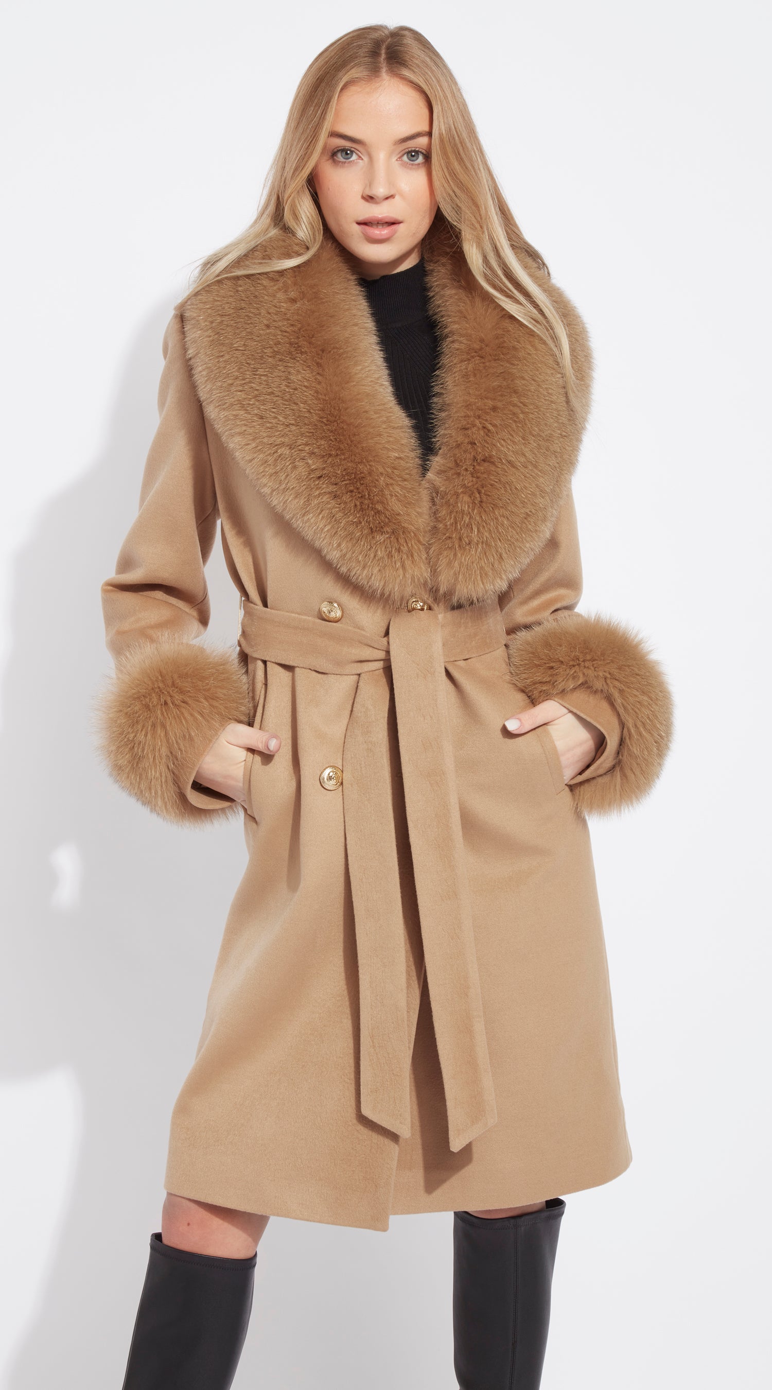 Supreme Luxy Cashmere & Fox Fur Belted Coat - Camel