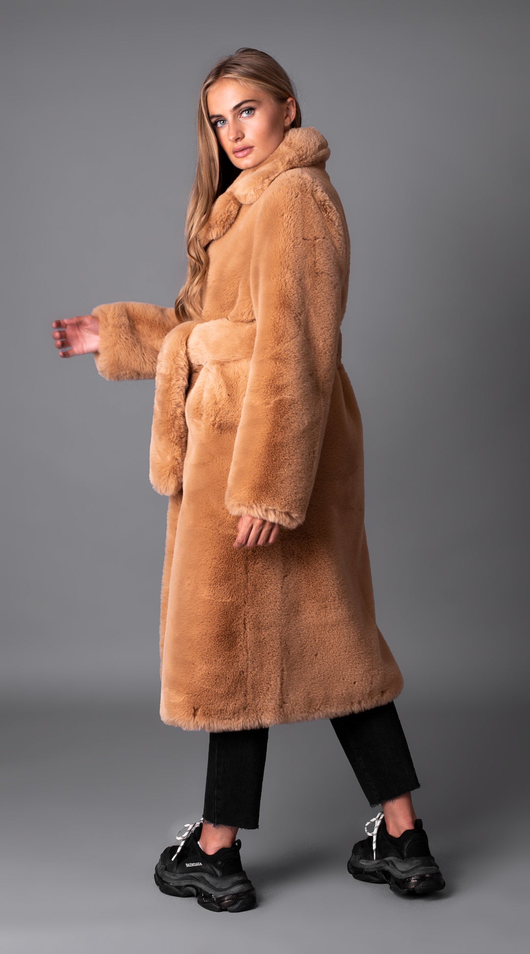 Luxy Longline Faux Fur Belted Coat - Chestnut