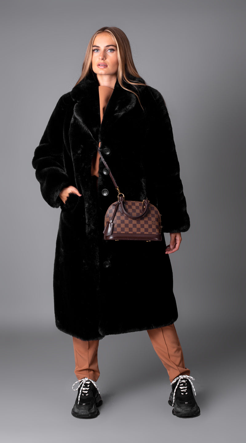 OUTLET Luxy Longline Faux Fur Belted Coat - Black – Luxy London