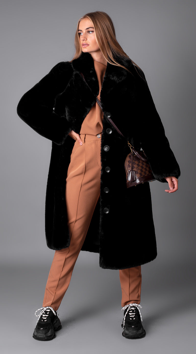 Luxy Longline Faux Fur Belted Coat - Black