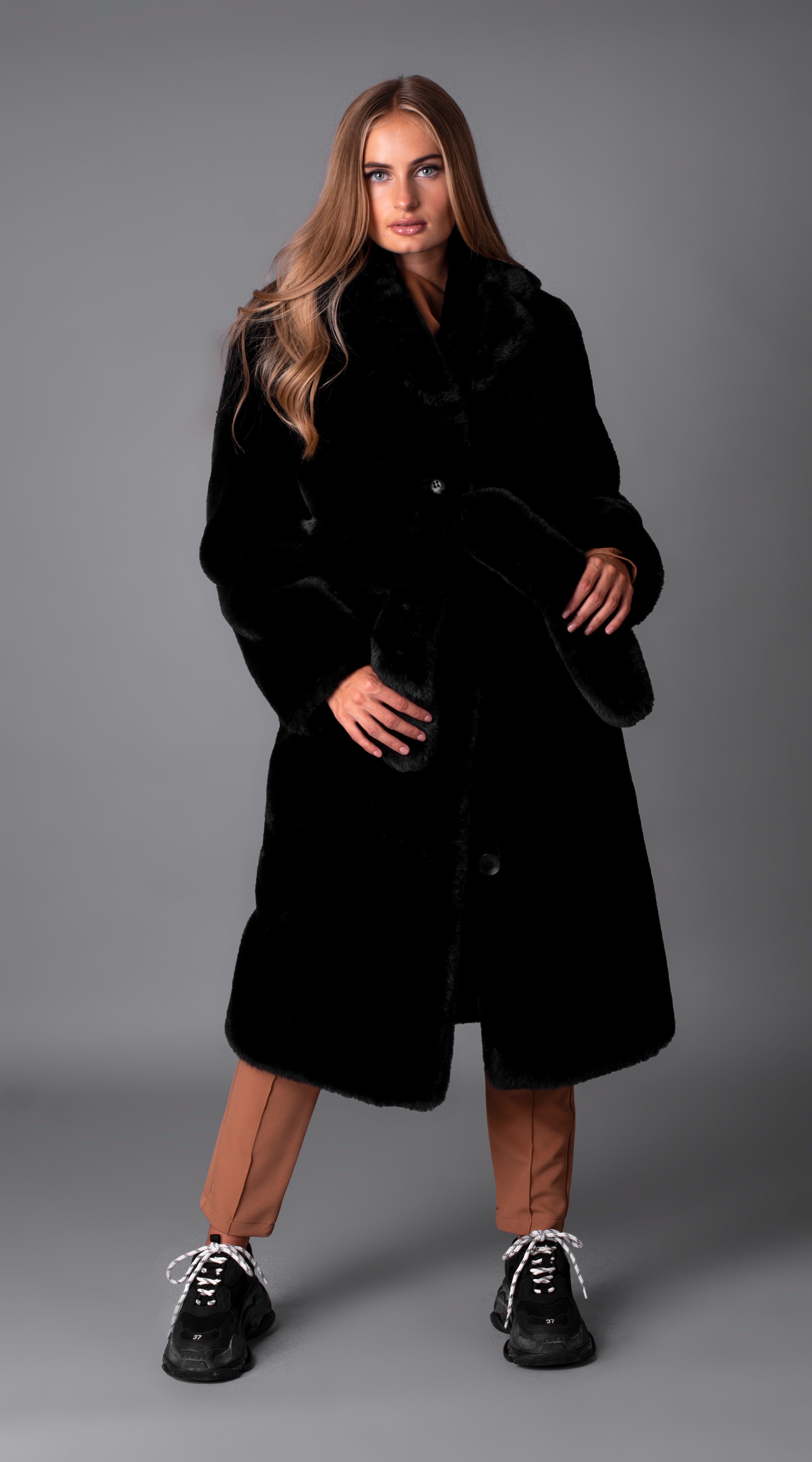 OUTLET Luxy Longline Faux Fur Belted Coat - Black