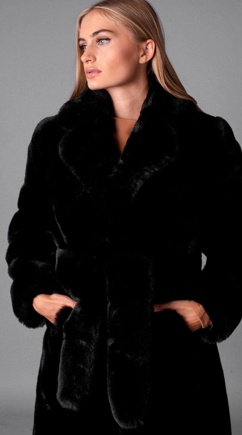 Luxy Longline Faux Fur Belted Coat - Black
