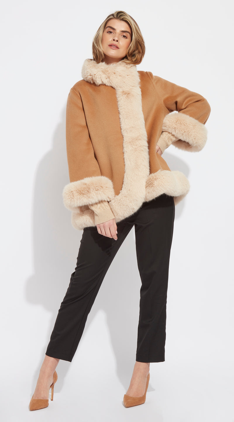 Luxy Cashmere & Faux Fur Wrap Coat - Tan