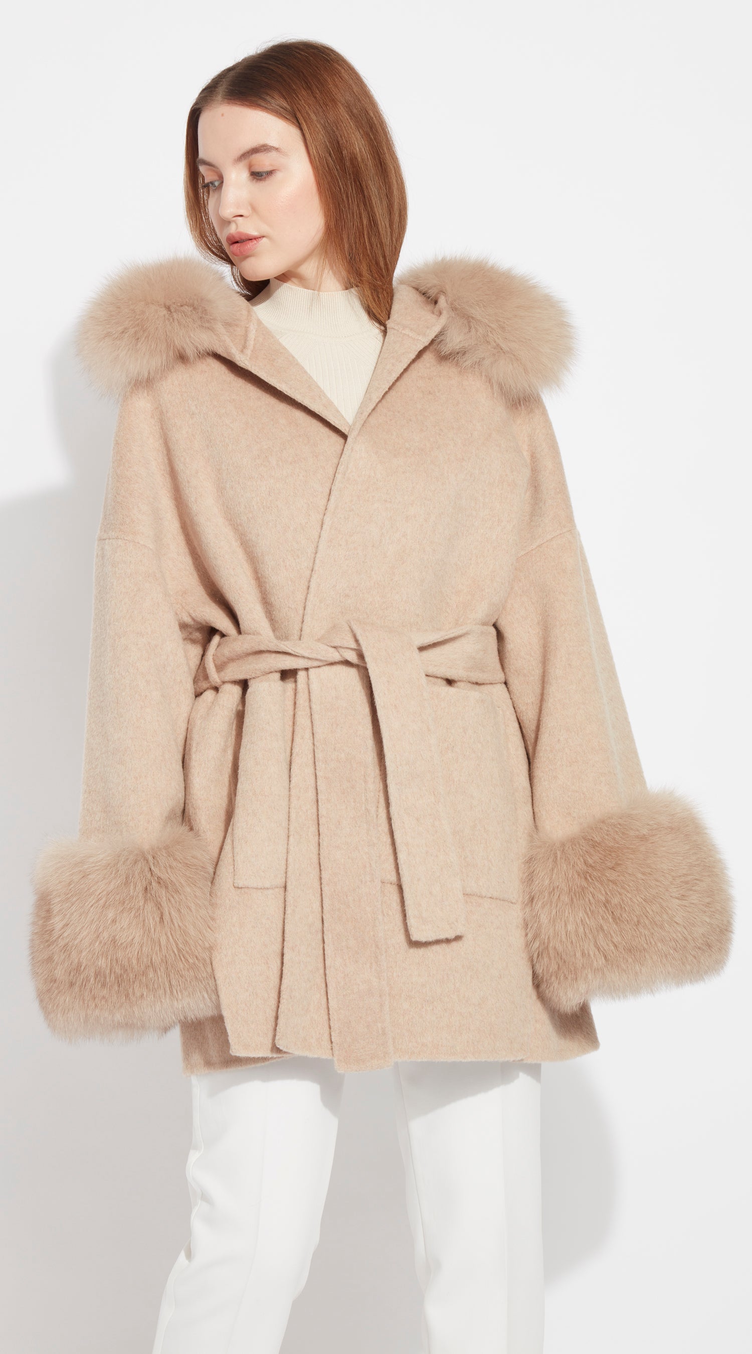 The London Cashmere & Fox Fur Belted/Cuffed Coat - Golden Beige