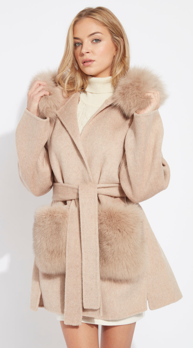 The London Cashmere & Fox Fur Hood & Pockets Belted Coat - Golden Beige