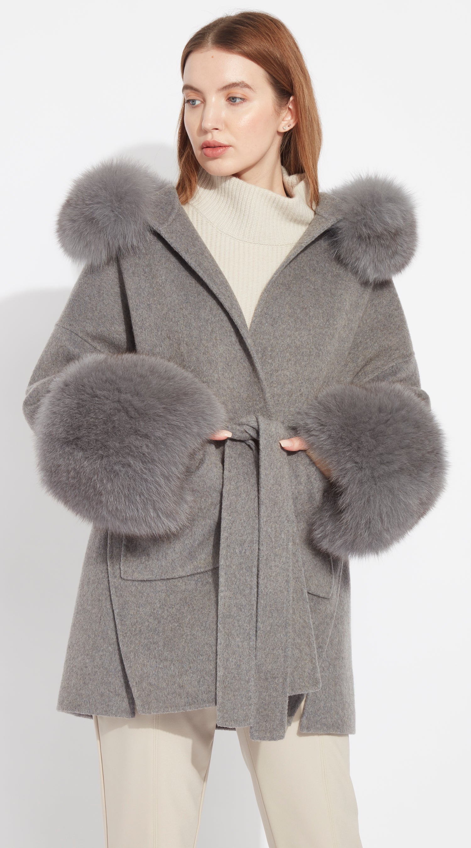 The London Cashmere & Fox Fur Belted/Cuffed Coat - Grey