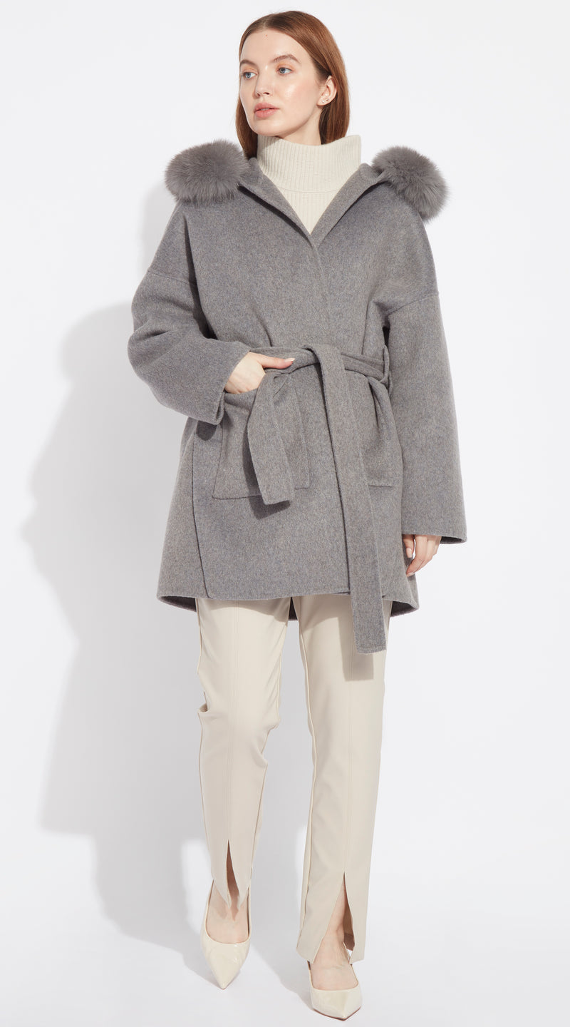 The London Cashmere & Fox Fur Belted Coat - Grey