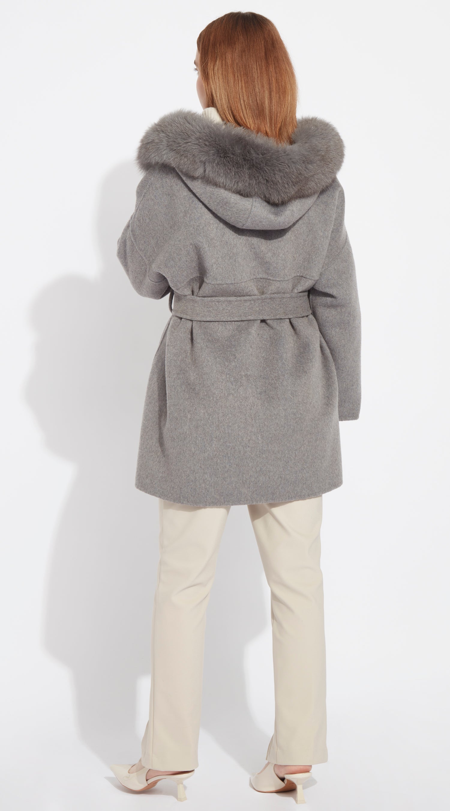 The London Cashmere & Fox Fur Belted Coat - Grey
