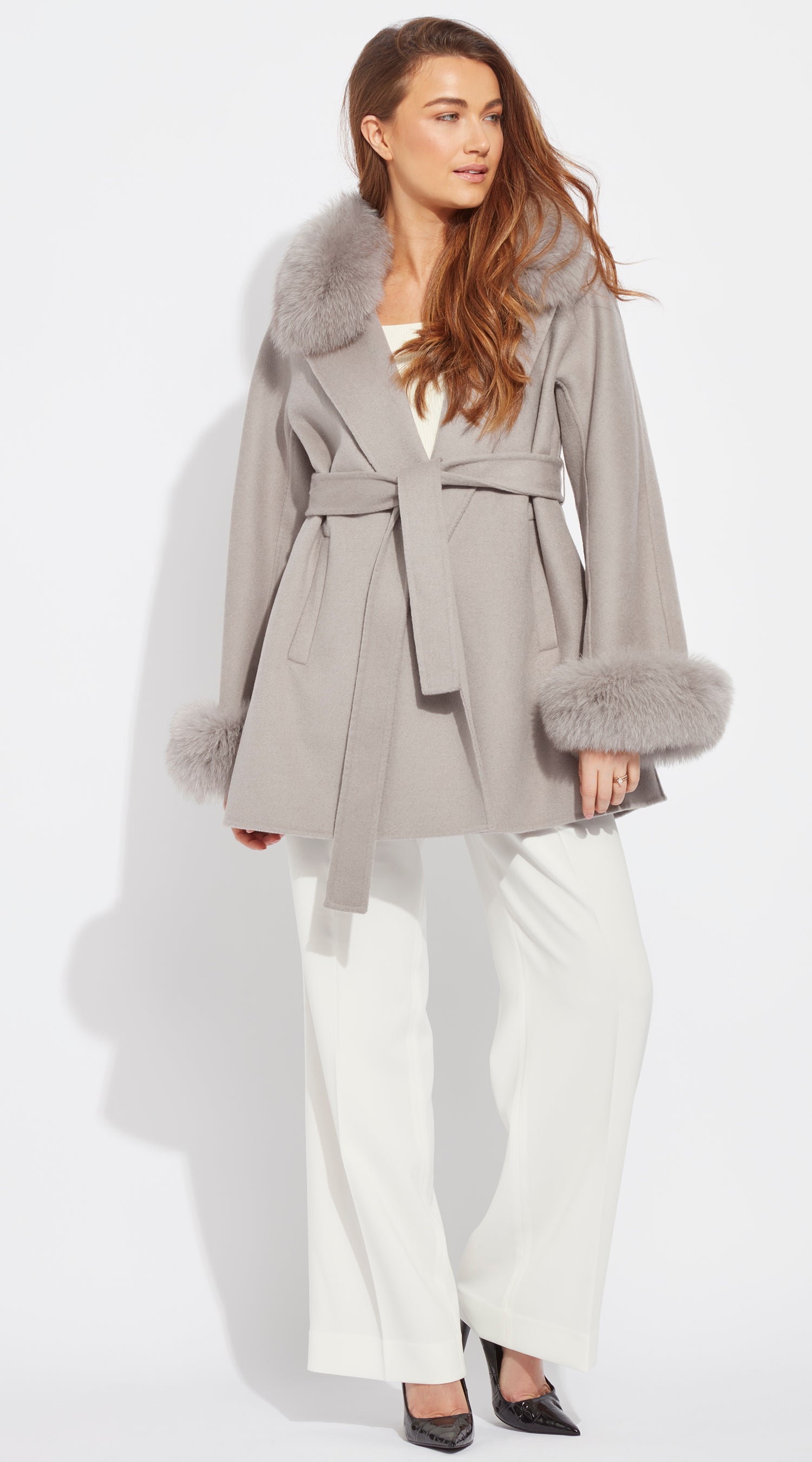 Luxy Cashmere & Fox Fur Belted Wrap Coat - Warm Grey