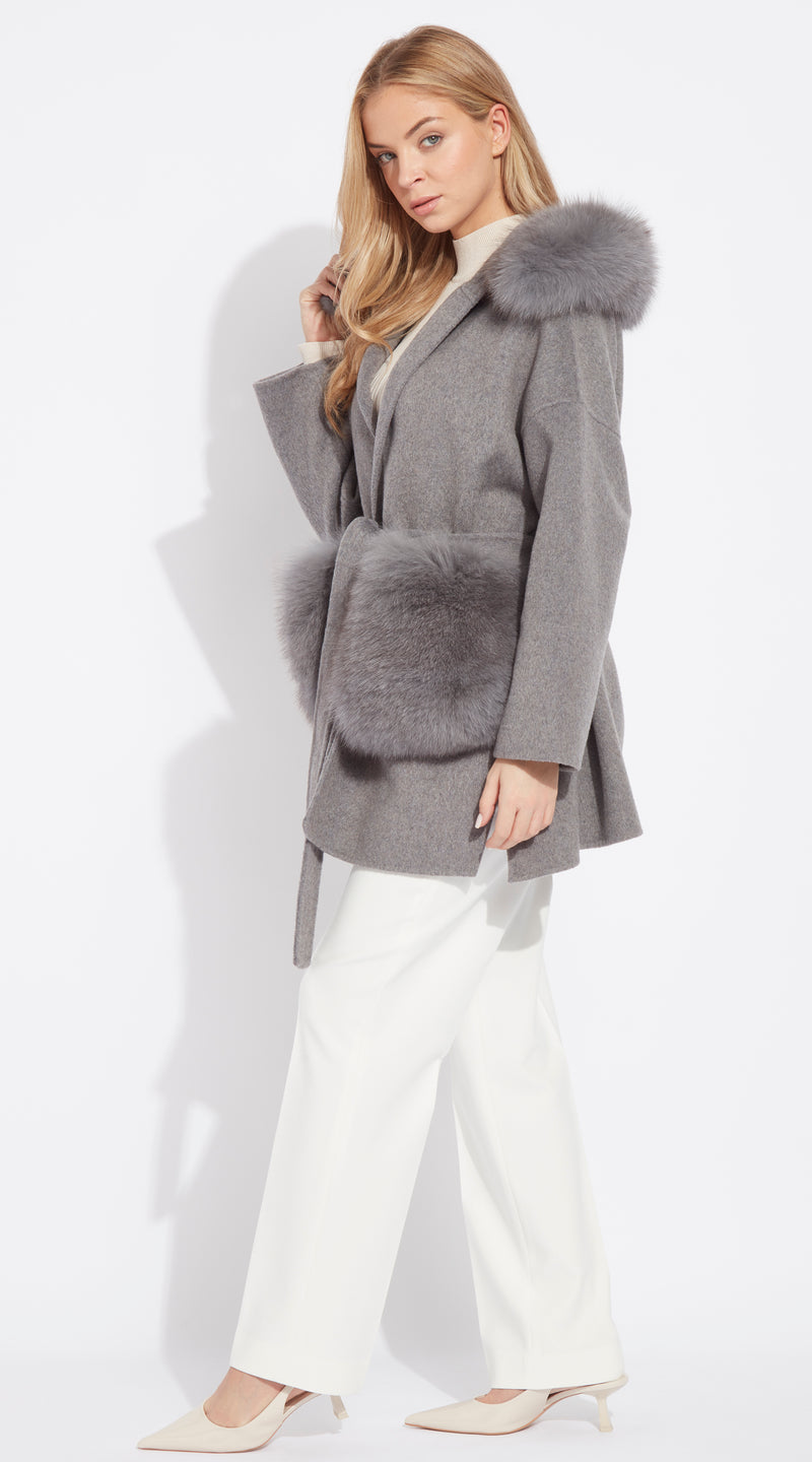 The London Cashmere & Fox Fur Hood & Pockets Belted Coat - Grey