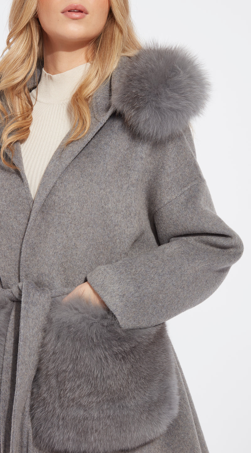The London Cashmere & Fox Fur Hood & Pockets Belted Coat - Grey