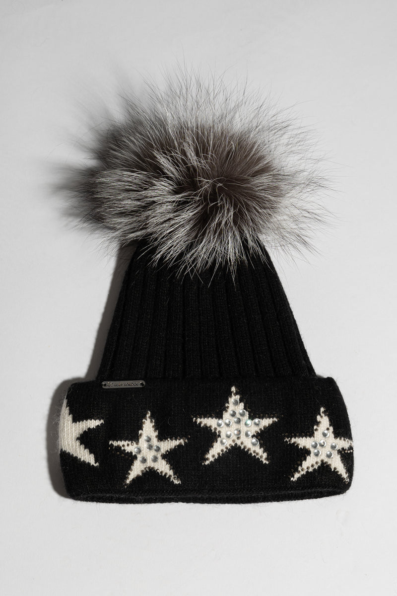 Phoenix Star Embellished Pom Pom Hat - Black