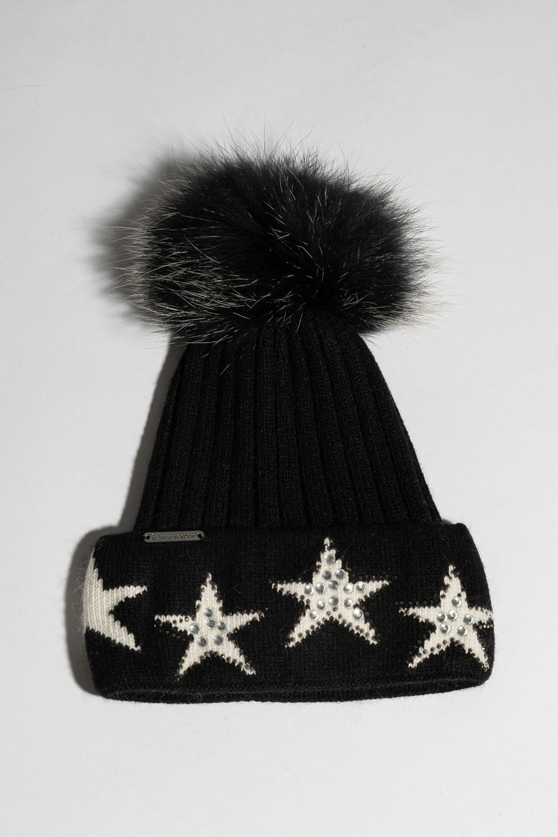 Phoenix Star Embellished Pom Pom Hat - Black