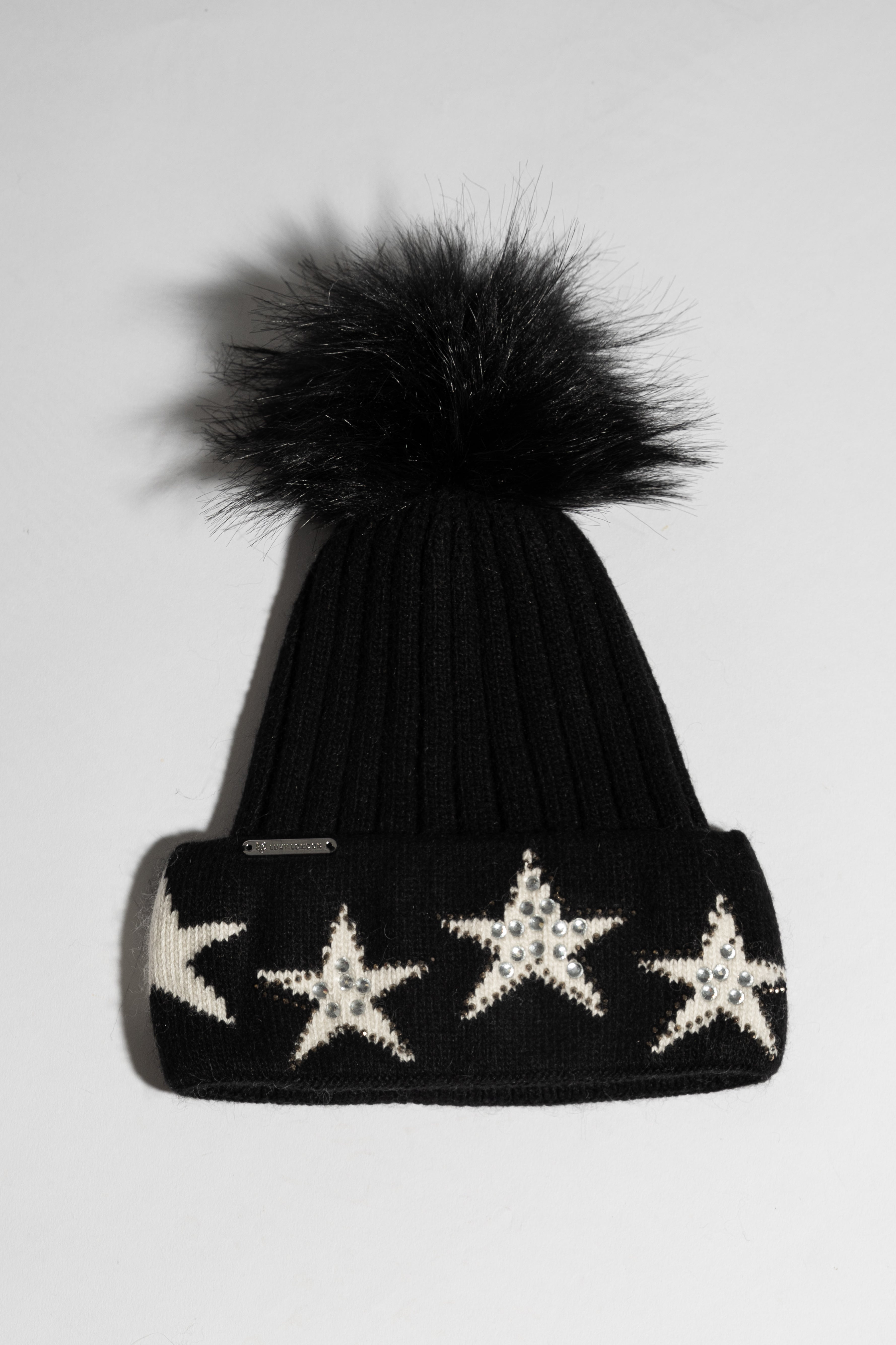 Faux Phoenix Star Embellished Pom Pom Hat - Black