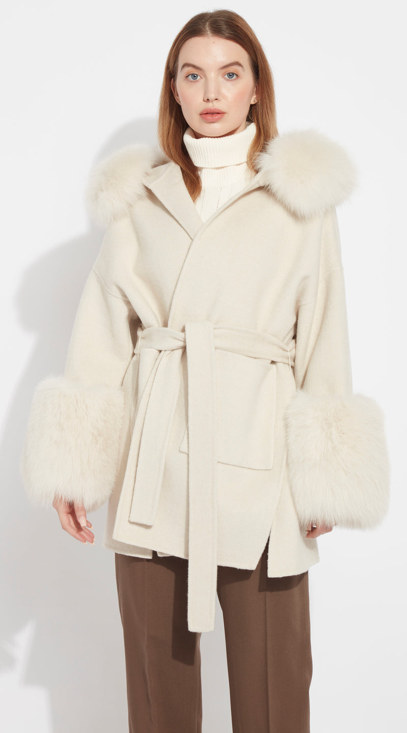The London Cashmere & Fox Fur Belted/Cuffed Coat - Buttermilk