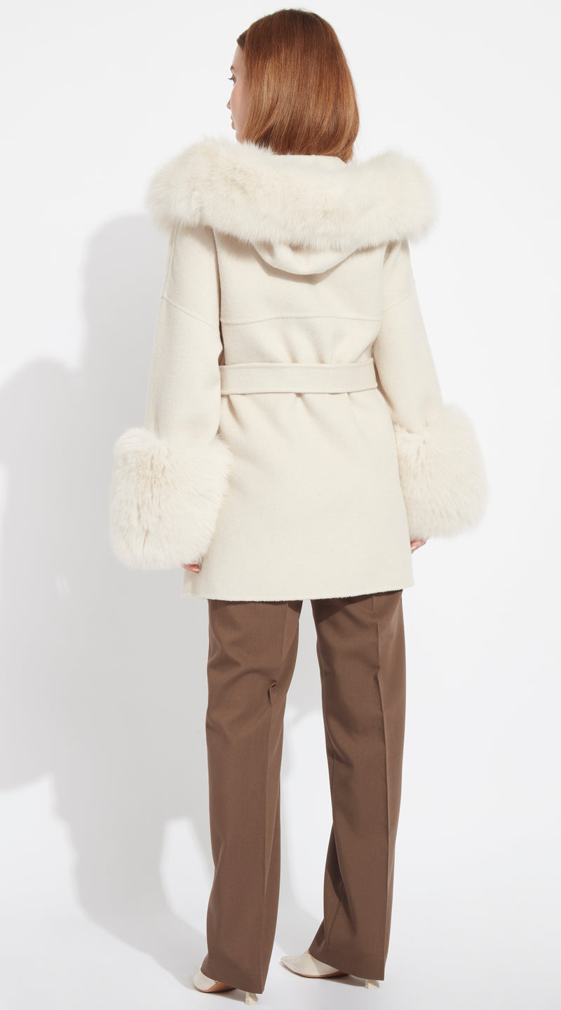 The London Cashmere & Fox Fur Belted/Cuffed Coat - Buttermilk
