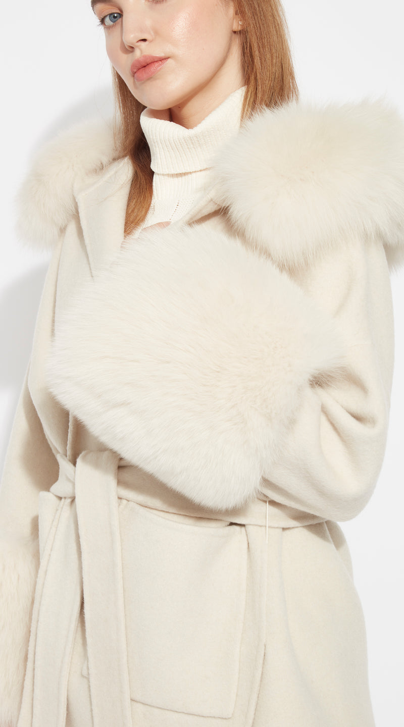 The London Cashmere & Fox Fur Belted/Cuffed Coat - Buttermilk