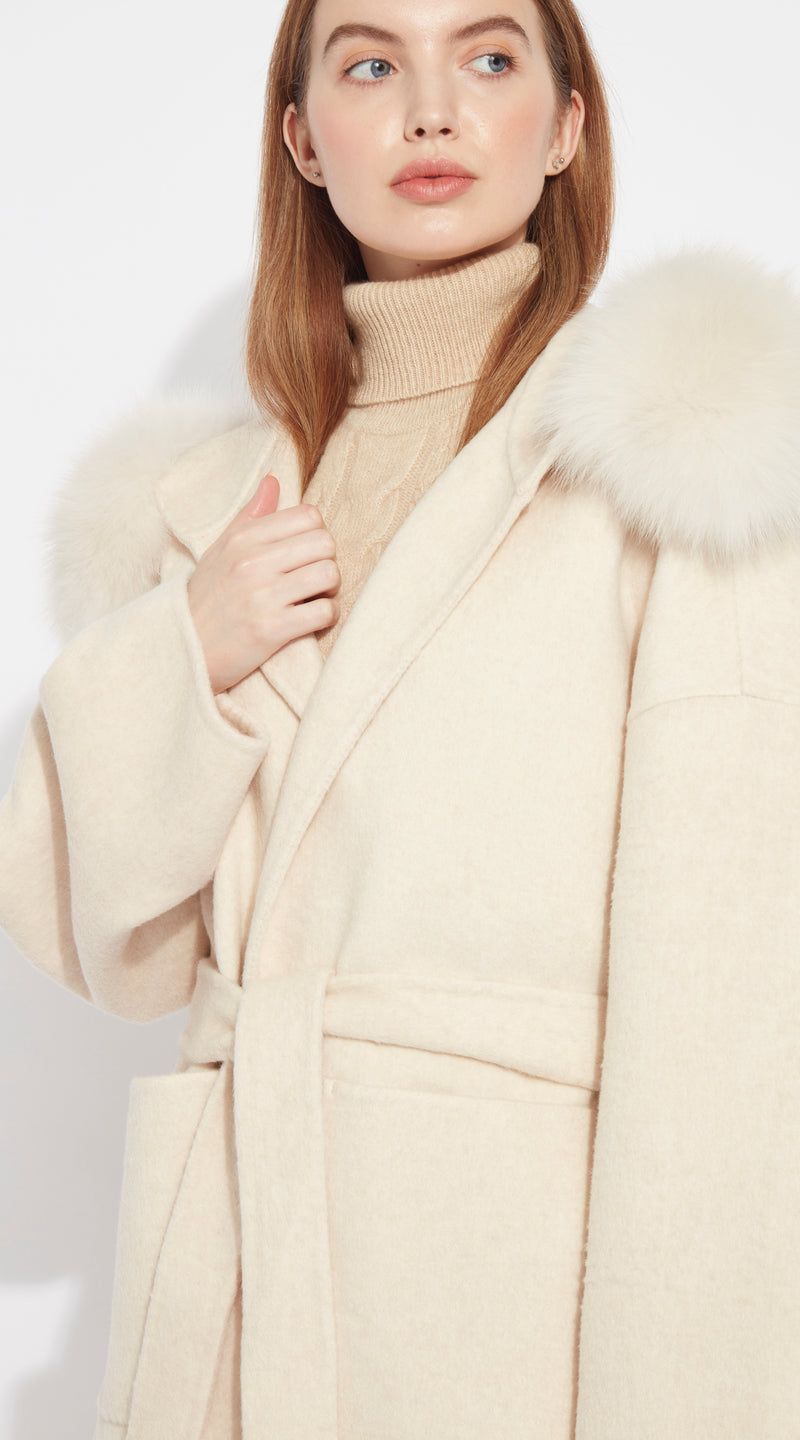 The London Cashmere & Fox Fur Belted Coat - Buttermilk