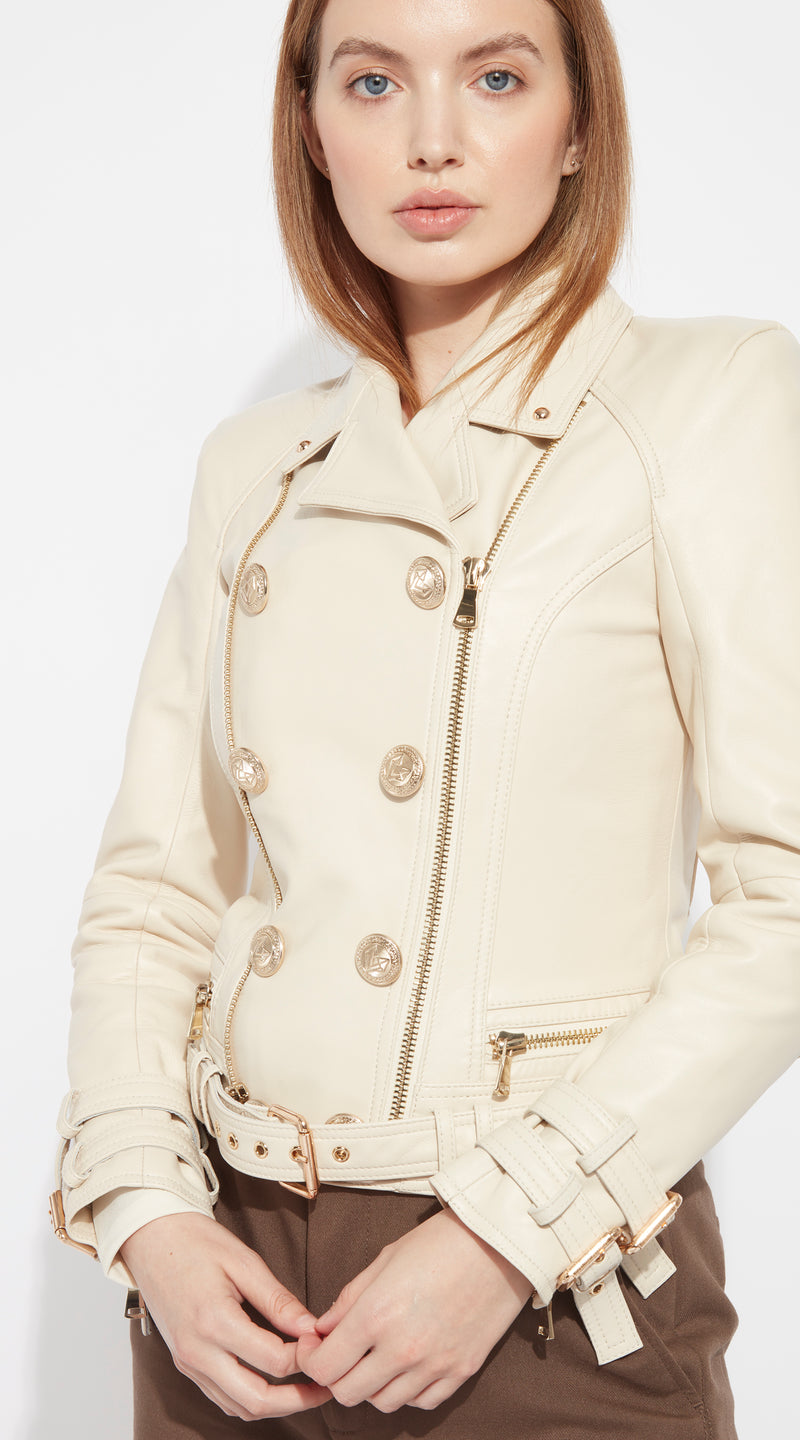 Luxy Double-Breasted Leather Biker - Ivory