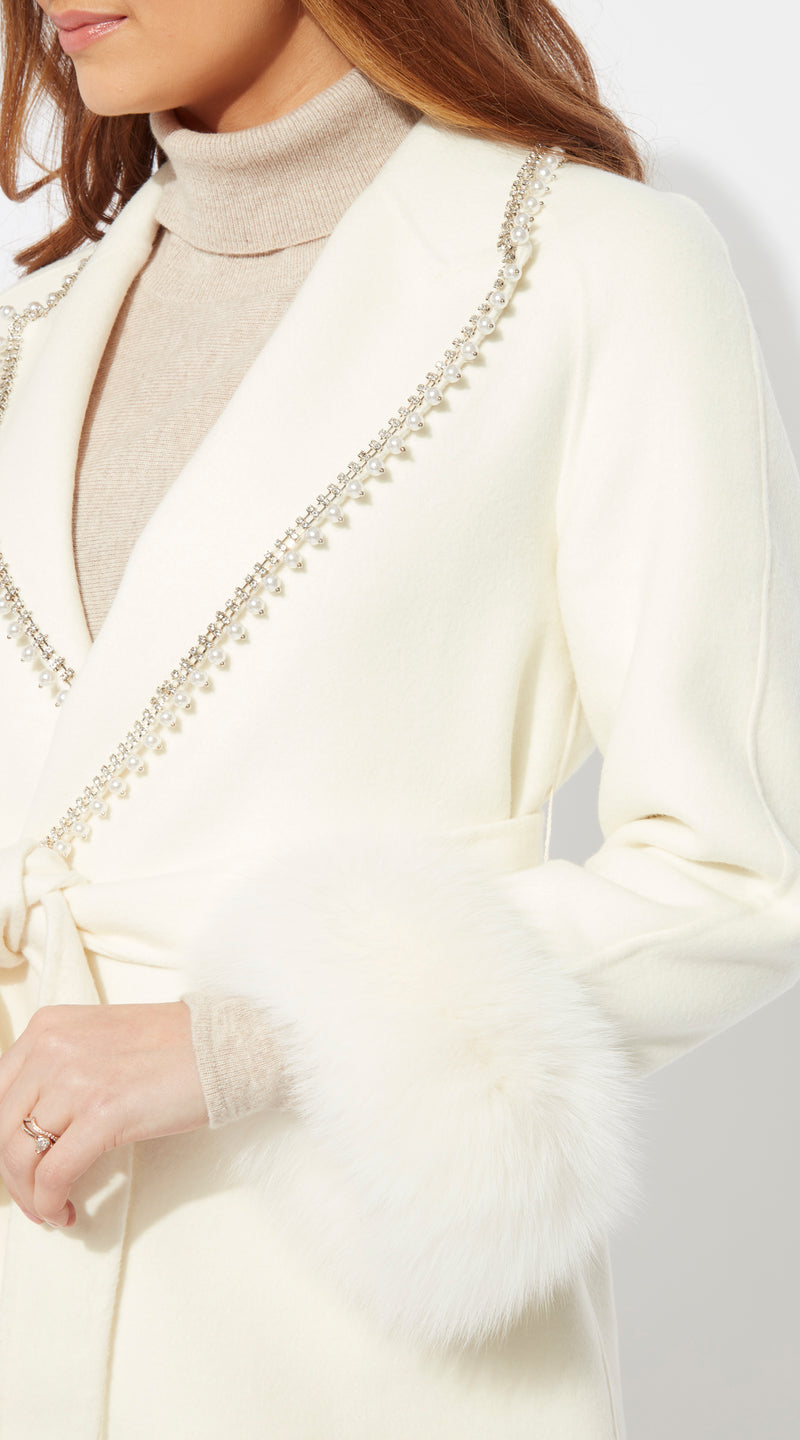 Cashmere & Fur Embellished Belted Coat - Milk