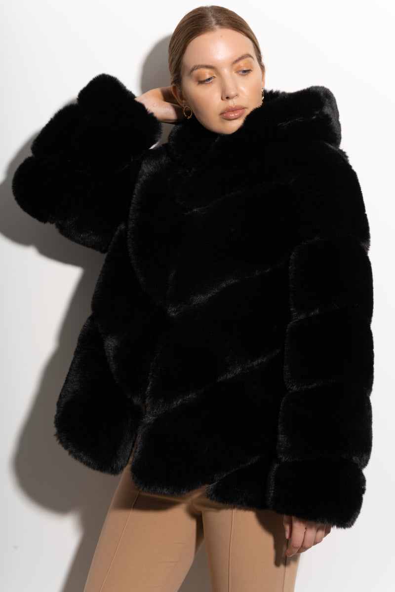 Luxy Faux Fur Hooded Coat Black