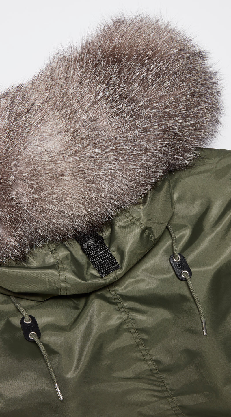 Mens Khaki Water-Repellent Luxy Fur Parka - Silver Frost Fox