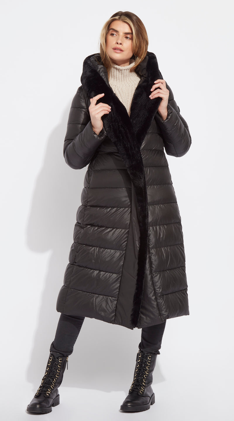 OUTLET Luxy Long-Line Faux Fur Padded Jacket - Black