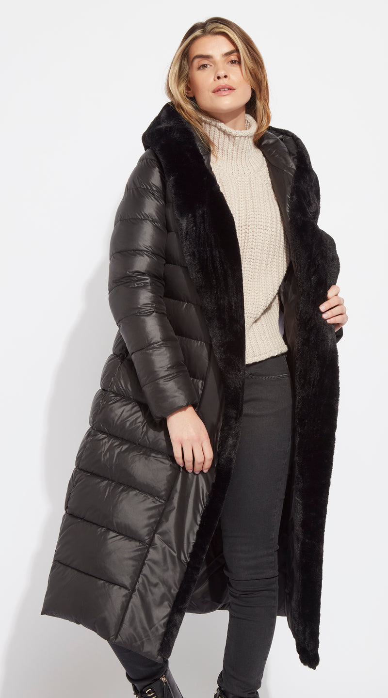Luxy Long-Line Faux Fur Padded Jacket - Black