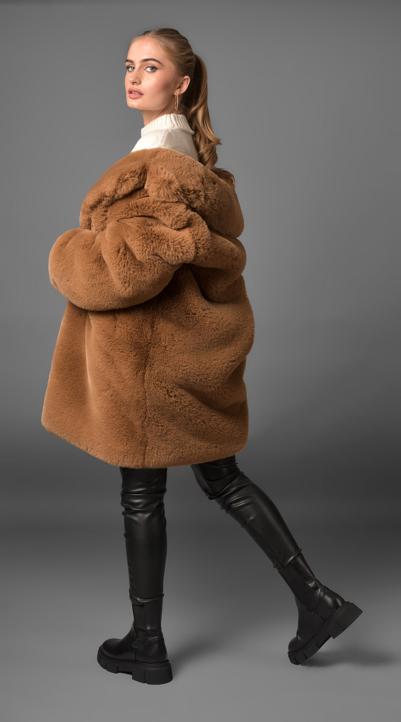 OUTLET Luxy Faux Fur Midi Collared Coat - Chestnut