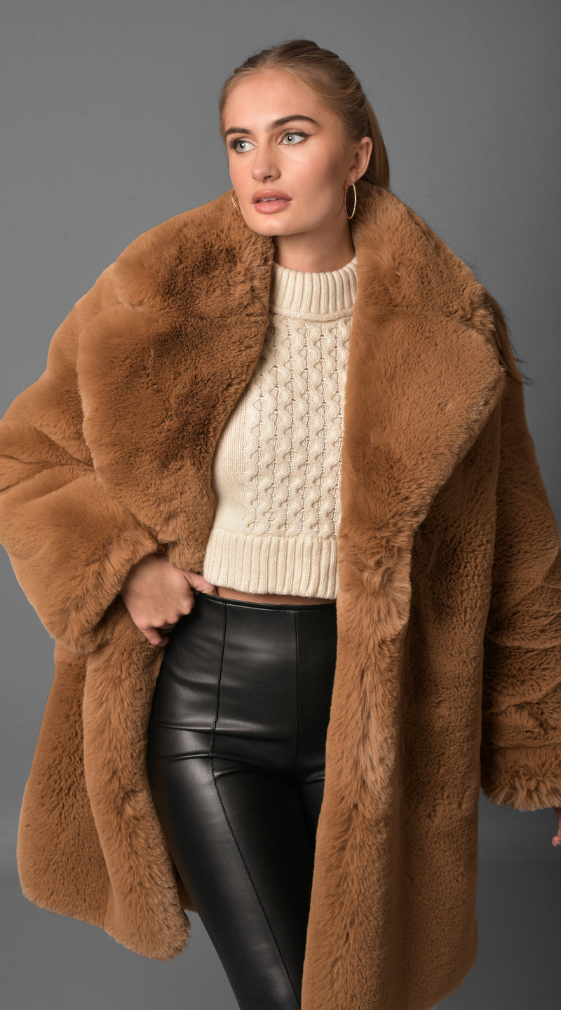 OUTLET Luxy Faux Fur Midi Collared Coat - Chestnut