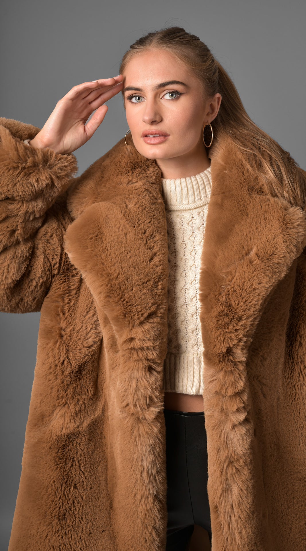 Luxy Faux Fur Midi Collared Coat - Chestnut