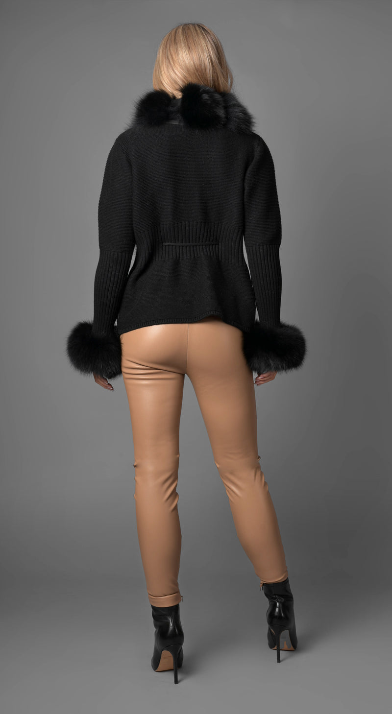Luxy Merino Wool & Fox Fur Cuffed Cardigan - Black