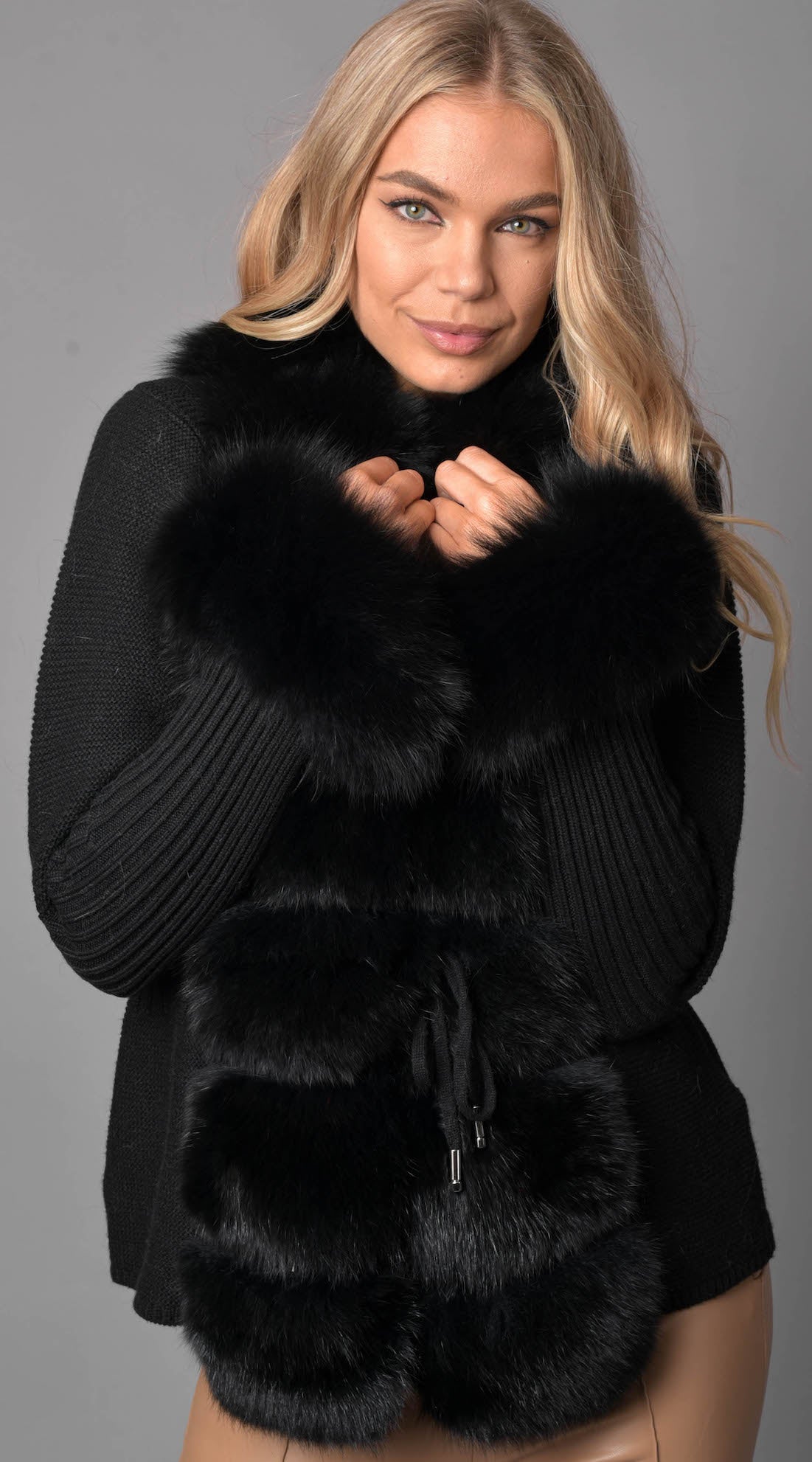 Luxy Merino Wool & Fox Fur Cuffed Cardigan - Black