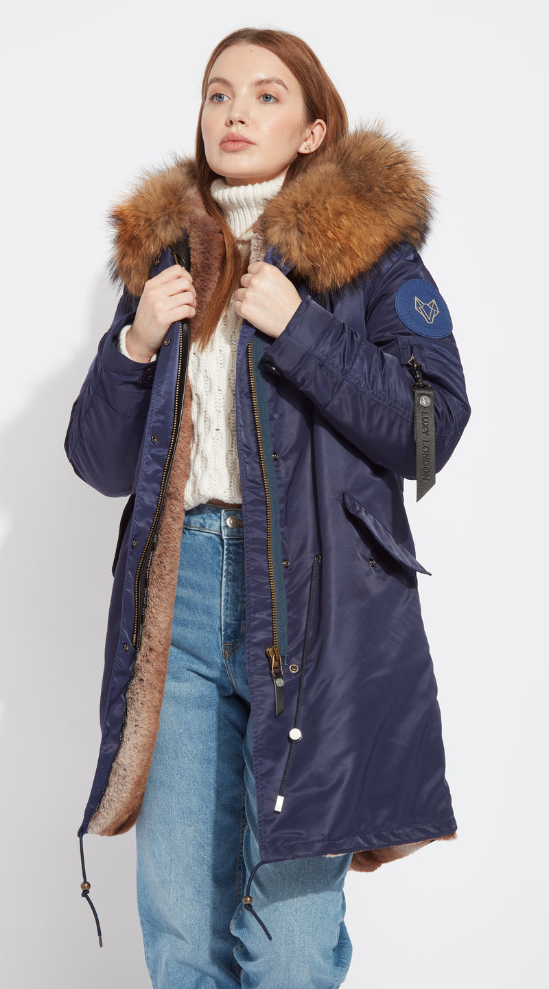 Womens Navy Water-Repellent Luxy Fur Parka - 3/4 Natural