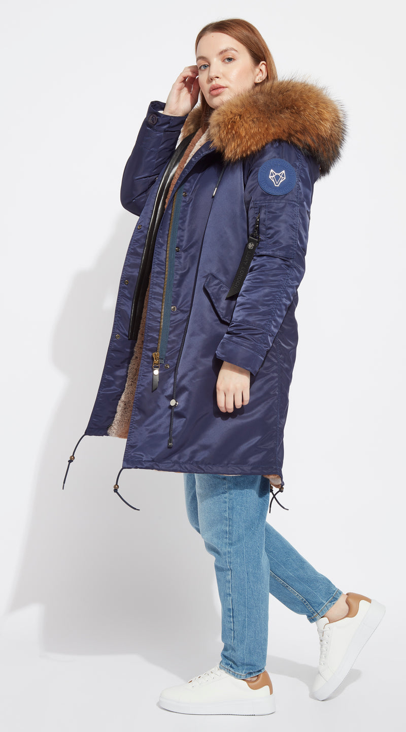 Womens Navy Water-Repellent Luxy Fur Parka - 3/4 Natural