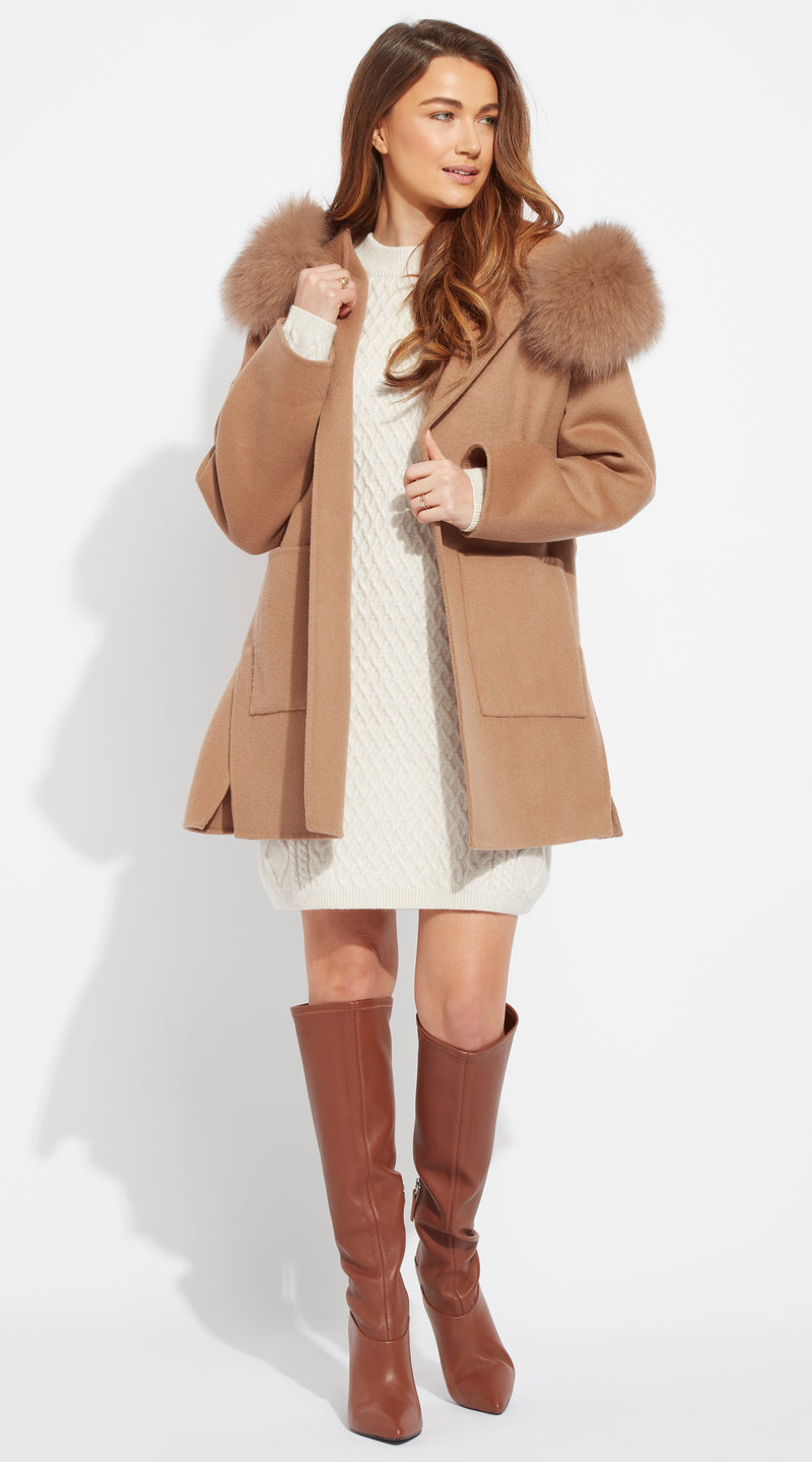 The London Cashmere & Fox Fur Belted Coat - Camel