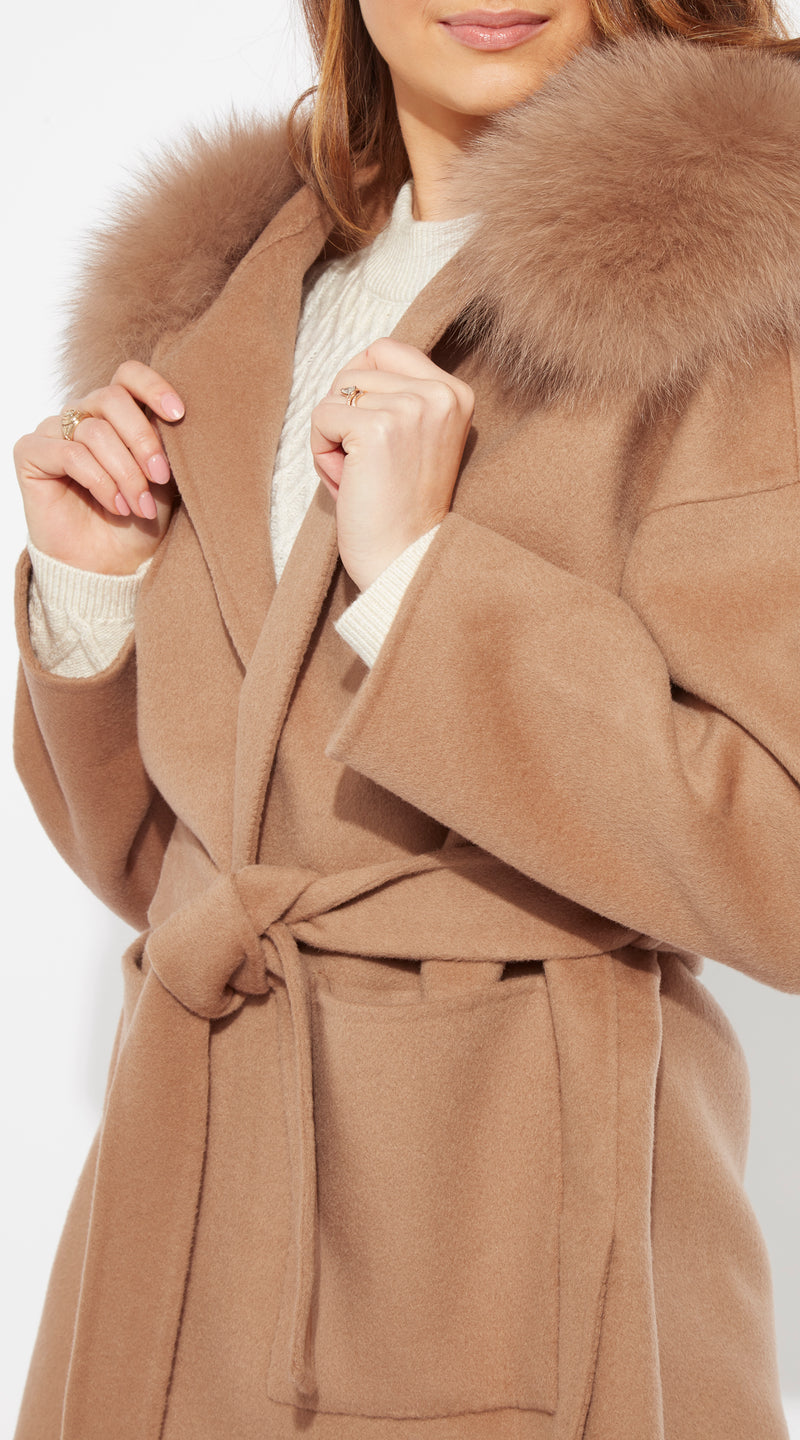 The London Cashmere & Fox Fur Belted Coat - Camel