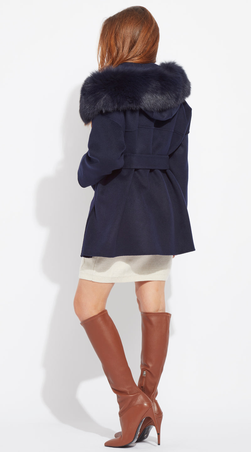 The London Cashmere & Fox Fur Belted Coat - Navy