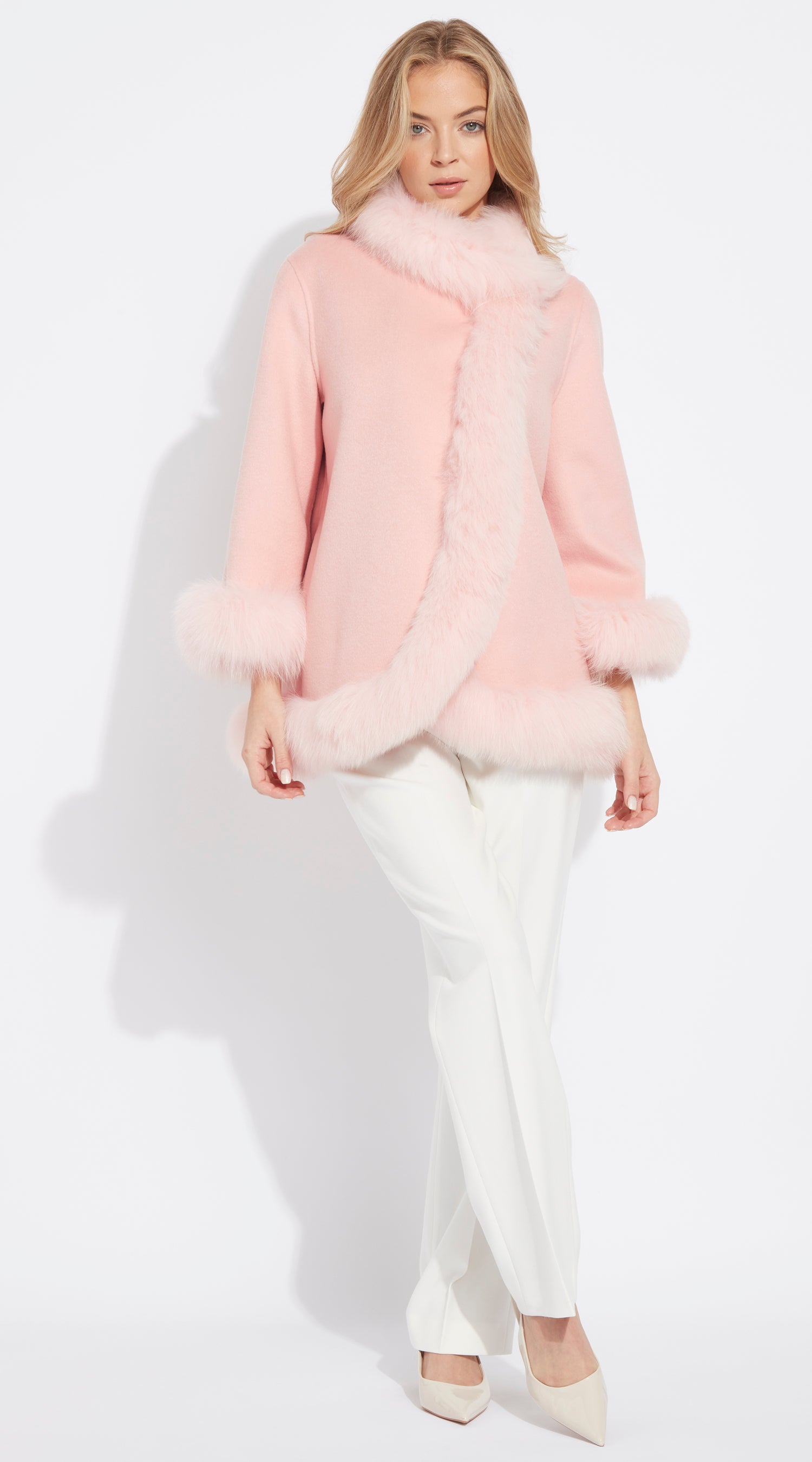 OUTLET Luxy Cashmere & Fox Fur Wrap Coat - Pink