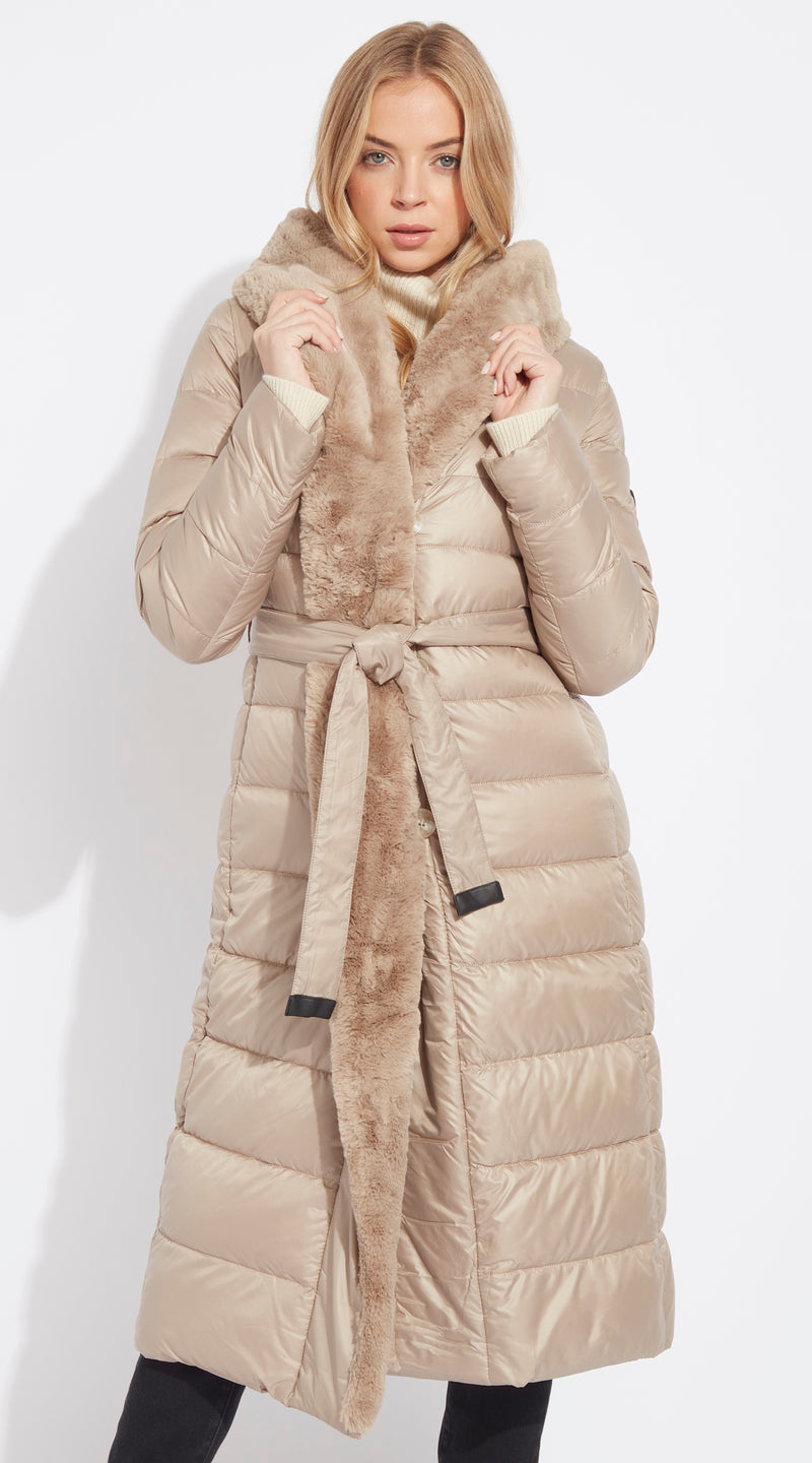 Luxy Long-Line Faux Fur Padded Jacket - Taupe