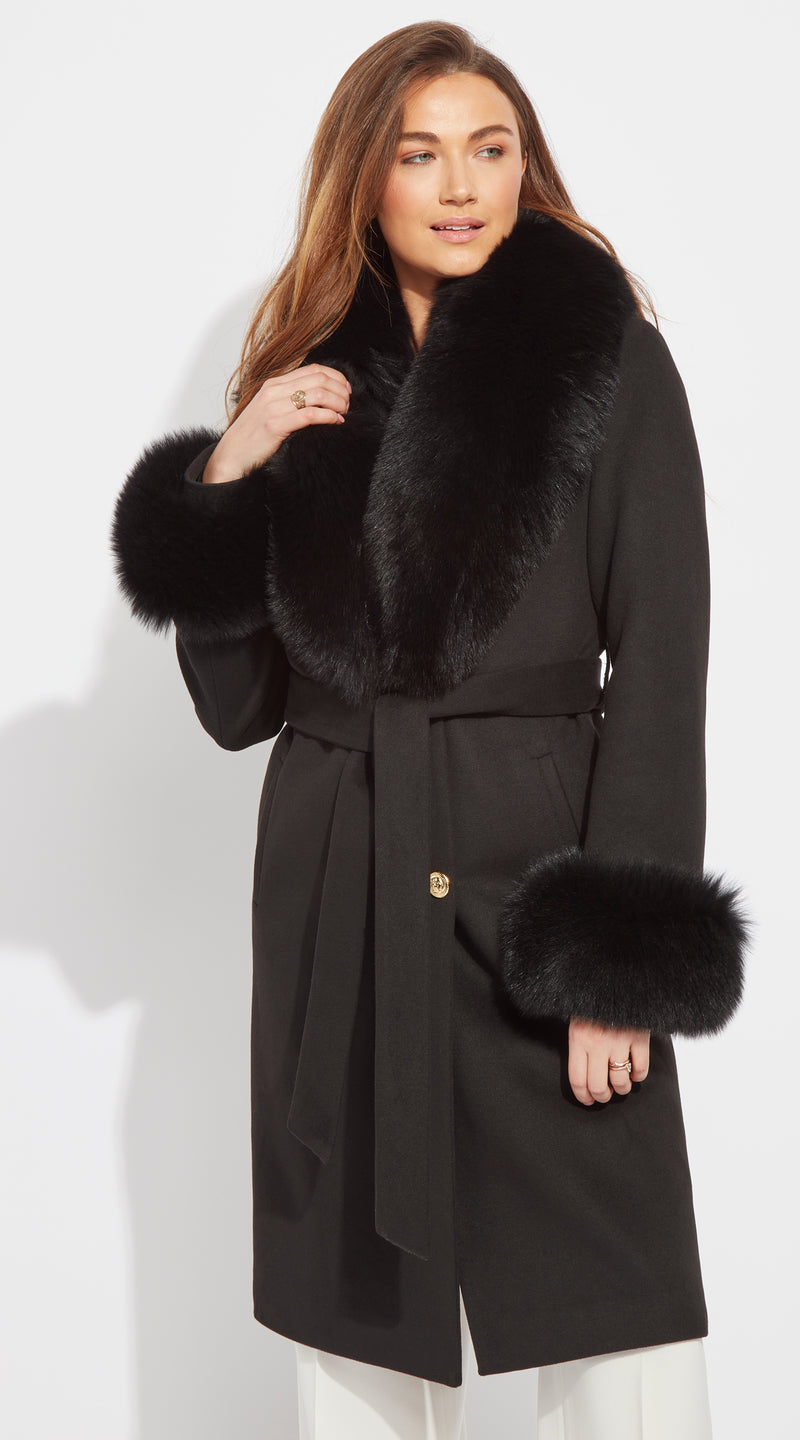 Supreme Luxy Cashmere & Fox Fur Belted Coat - Black