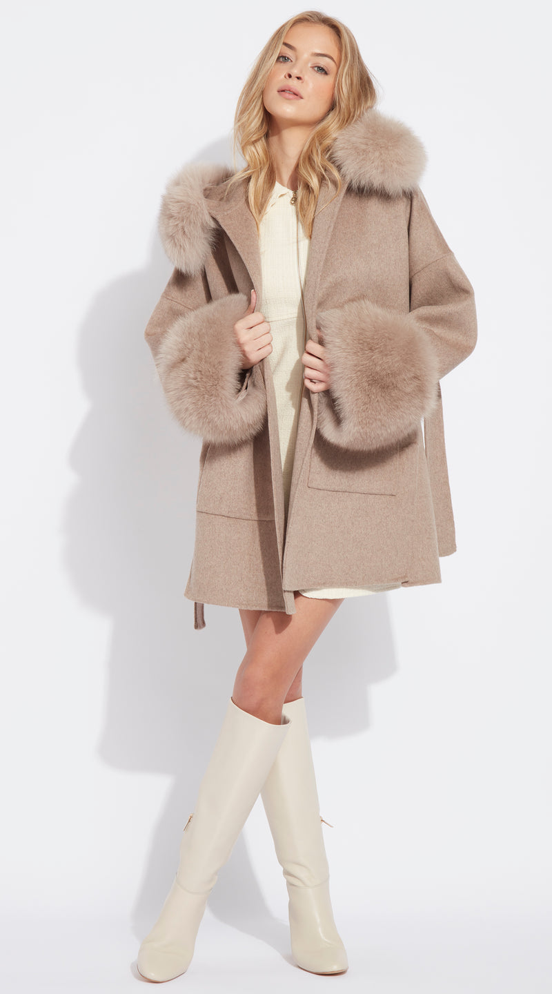 The London Cashmere & Fox Fur Belted/Cuffed Coat - Taupe