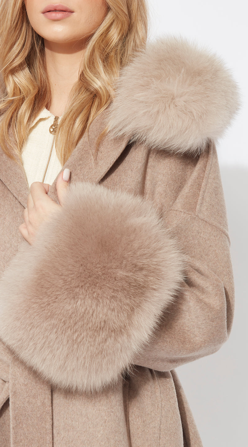 The London Cashmere & Fox Fur Belted/Cuffed Coat - Taupe