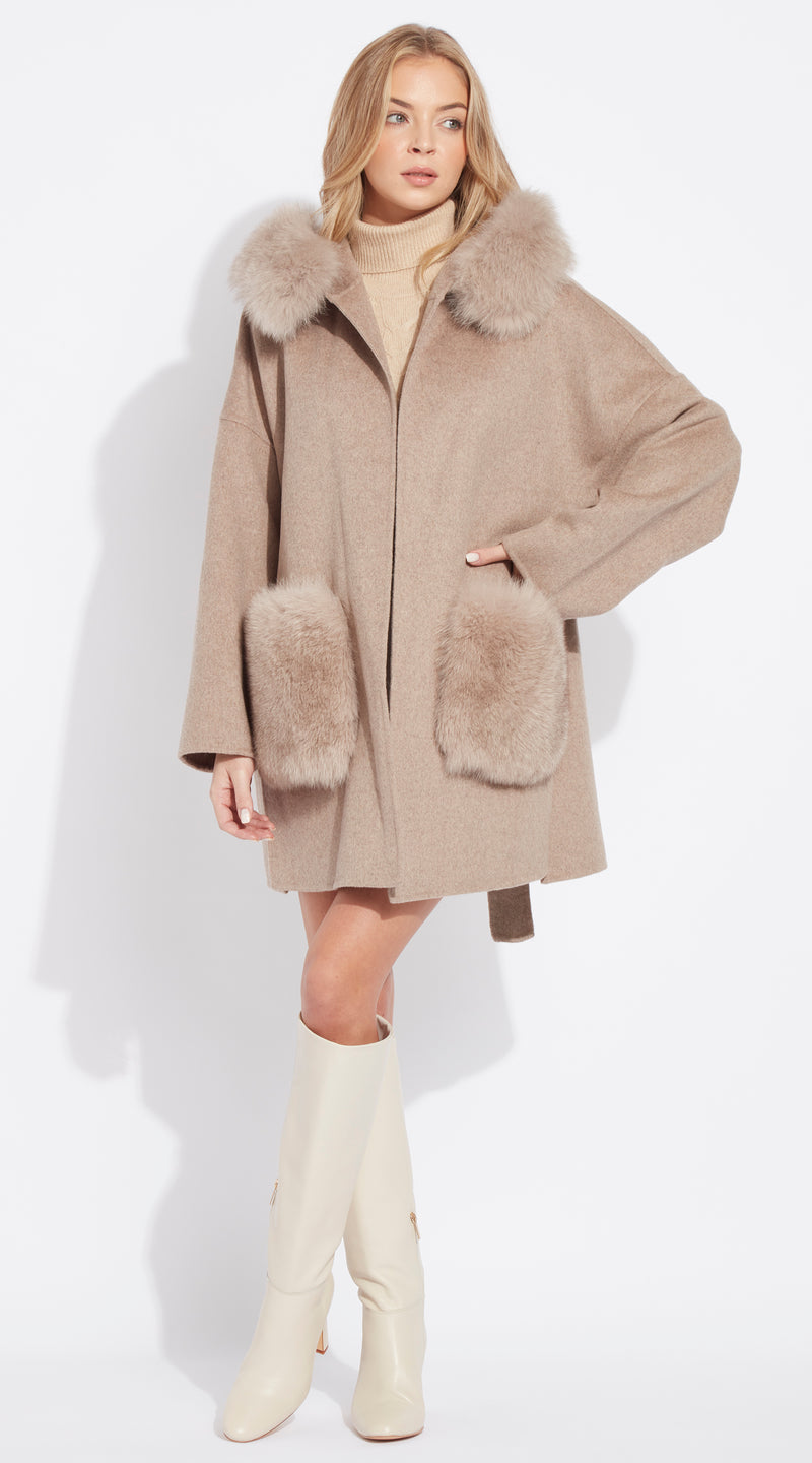 The London Cashmere & Fox Fur Hood & Pockets Belted Coat - Taupe