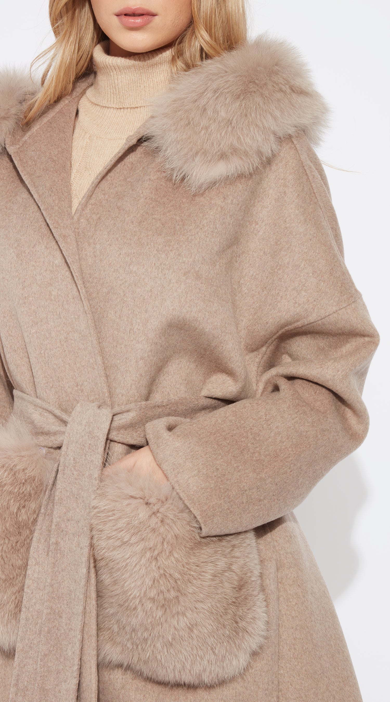The London Cashmere & Fox Fur Hood & Pockets Belted Coat - Taupe