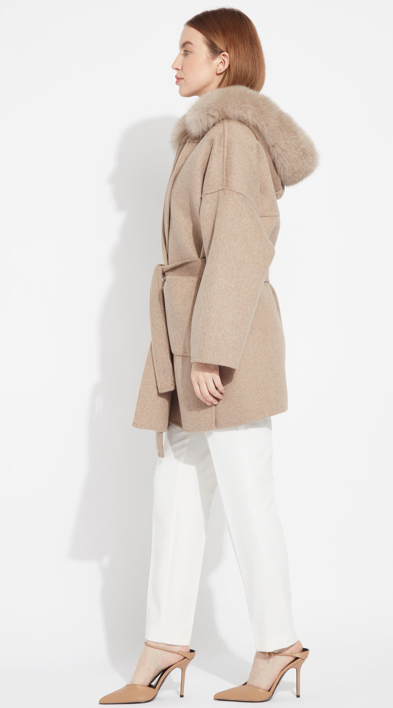 The London Cashmere & Fox Fur Belted Coat - Taupe