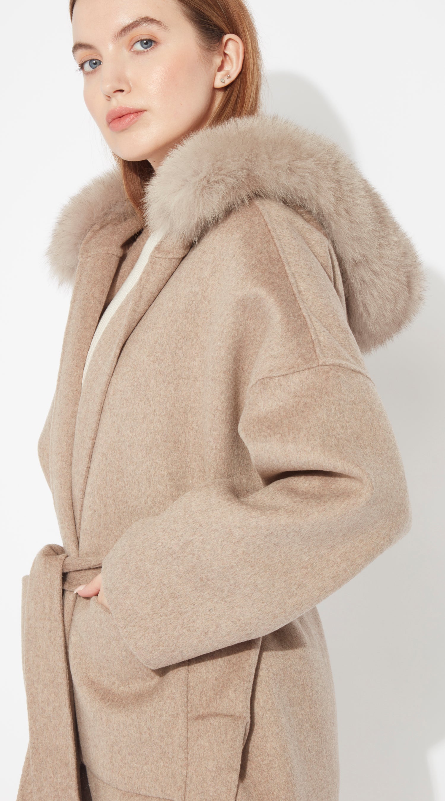 The London Cashmere & Fox Fur Belted Coat - Taupe