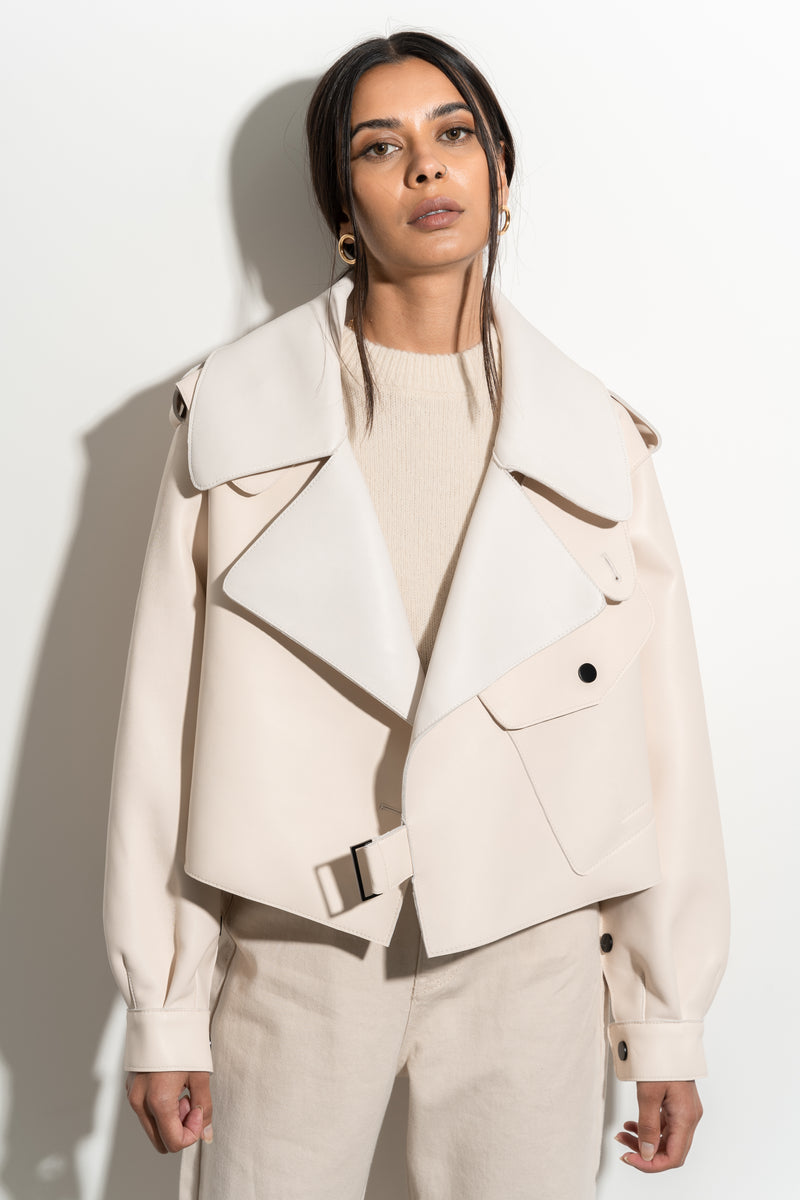 Luxy Oversized Leather Jacket - Contrasting Collar