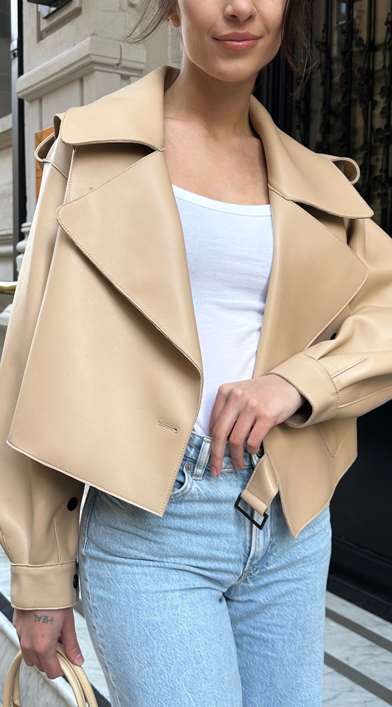 Oversized Beige Leather Jacket - Assymetric Front